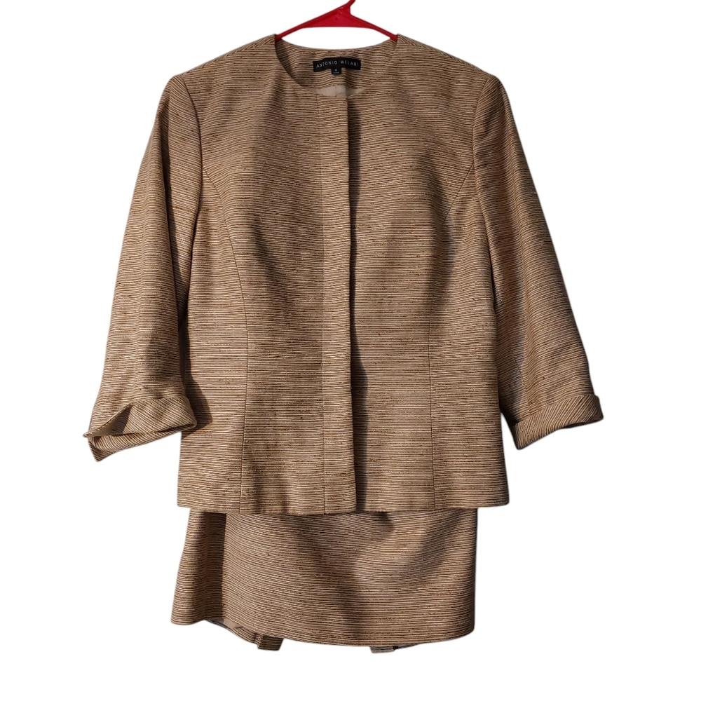 Antonio Melani Tan Textured Skirt Suit Set Size 8 Like New Vintage Fall Suit